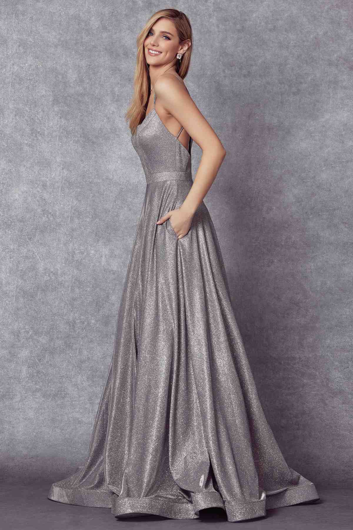 Silver glitter ball gown with spaghetti straps and gathered skirt