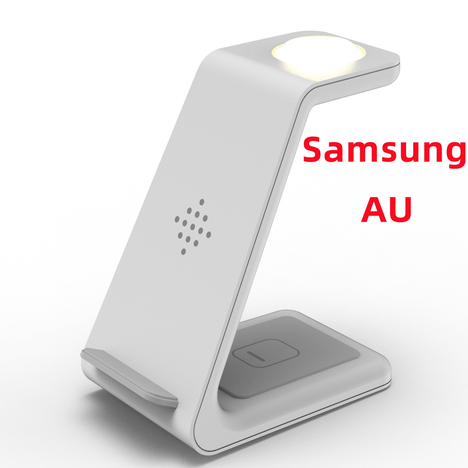 Wireless charging stand with angled phone holder, white base and glowing top indicator light