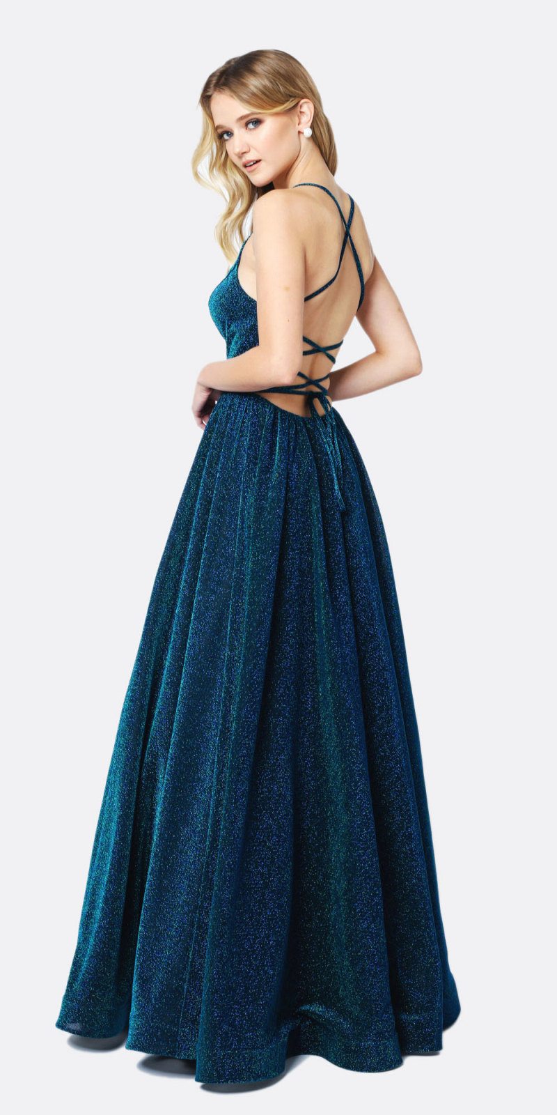 Deep blue glitter ball gown with crisscross open back and flared skirt