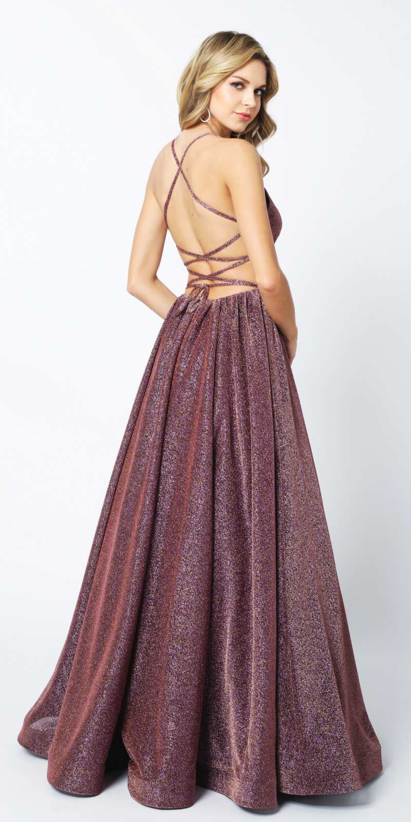 Burgundy glitter ball gown with crisscross open back and full flared skirt