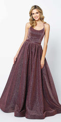 Burgundy glitter ball gown with spaghetti straps and gathered waist skirt