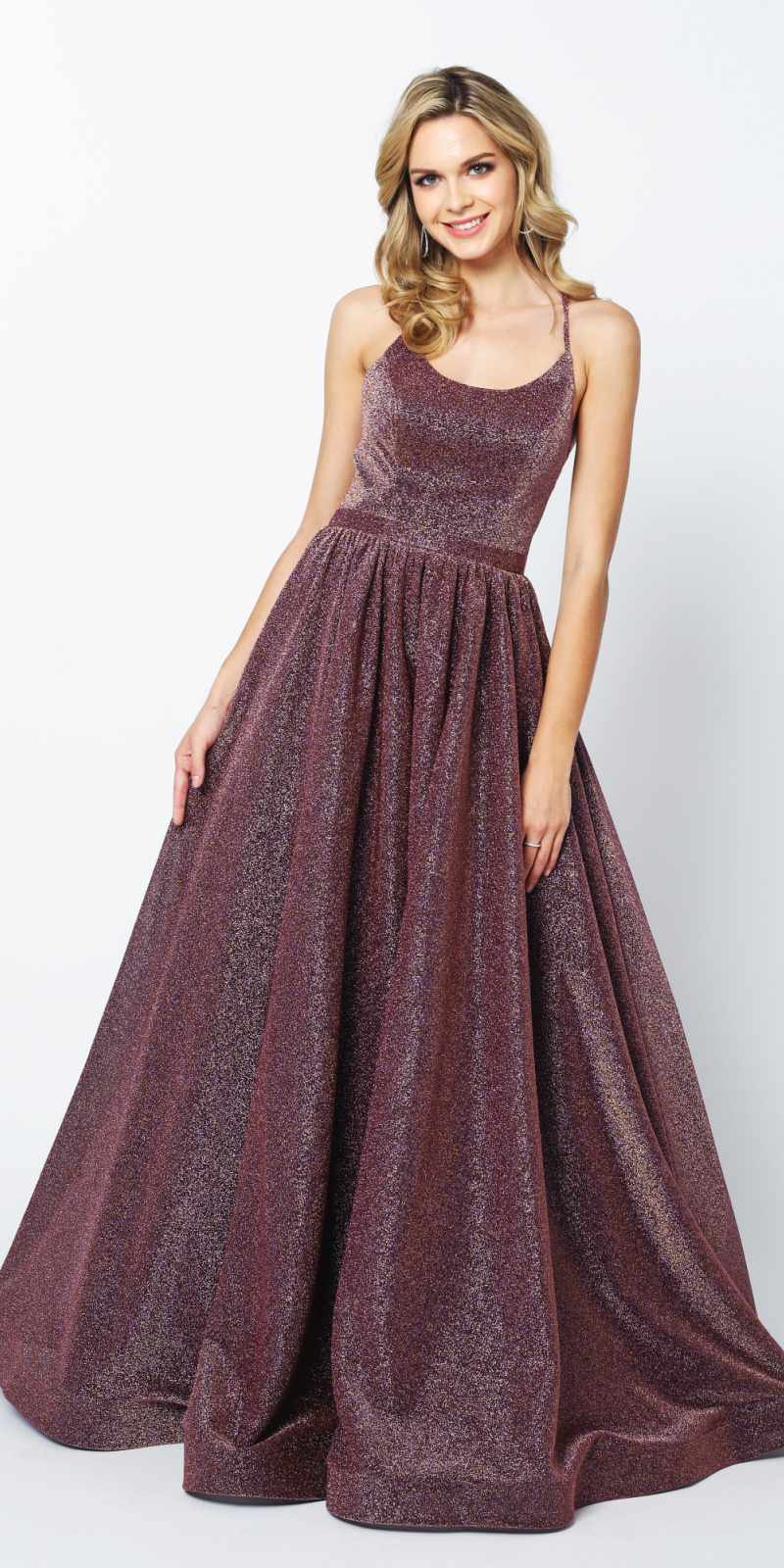 Burgundy glitter ball gown with spaghetti straps and gathered waist skirt