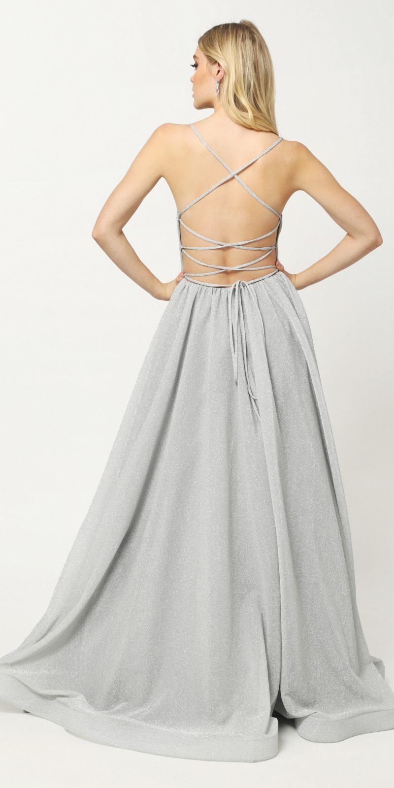 Gray-silver glitter ball gown with crisscross open back and flowing skirt