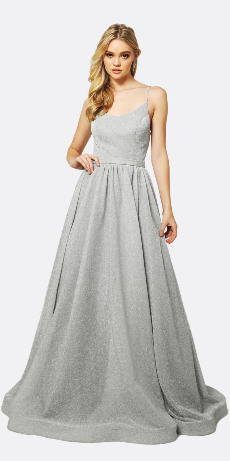 Gray-silver glitter ball gown with spaghetti straps and full gathered skirt