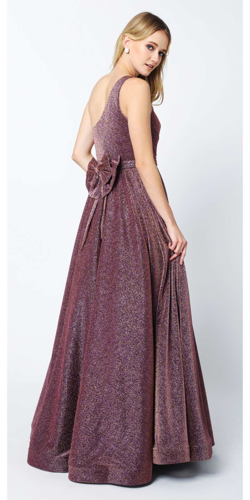 One-shoulder glitter long gown, plum purple, sleeveless with ruched waist and flared skirt