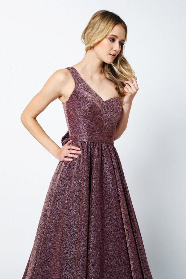 One-shoulder sleeveless glitter long gown, plum purple with fitted bodice and full skirt