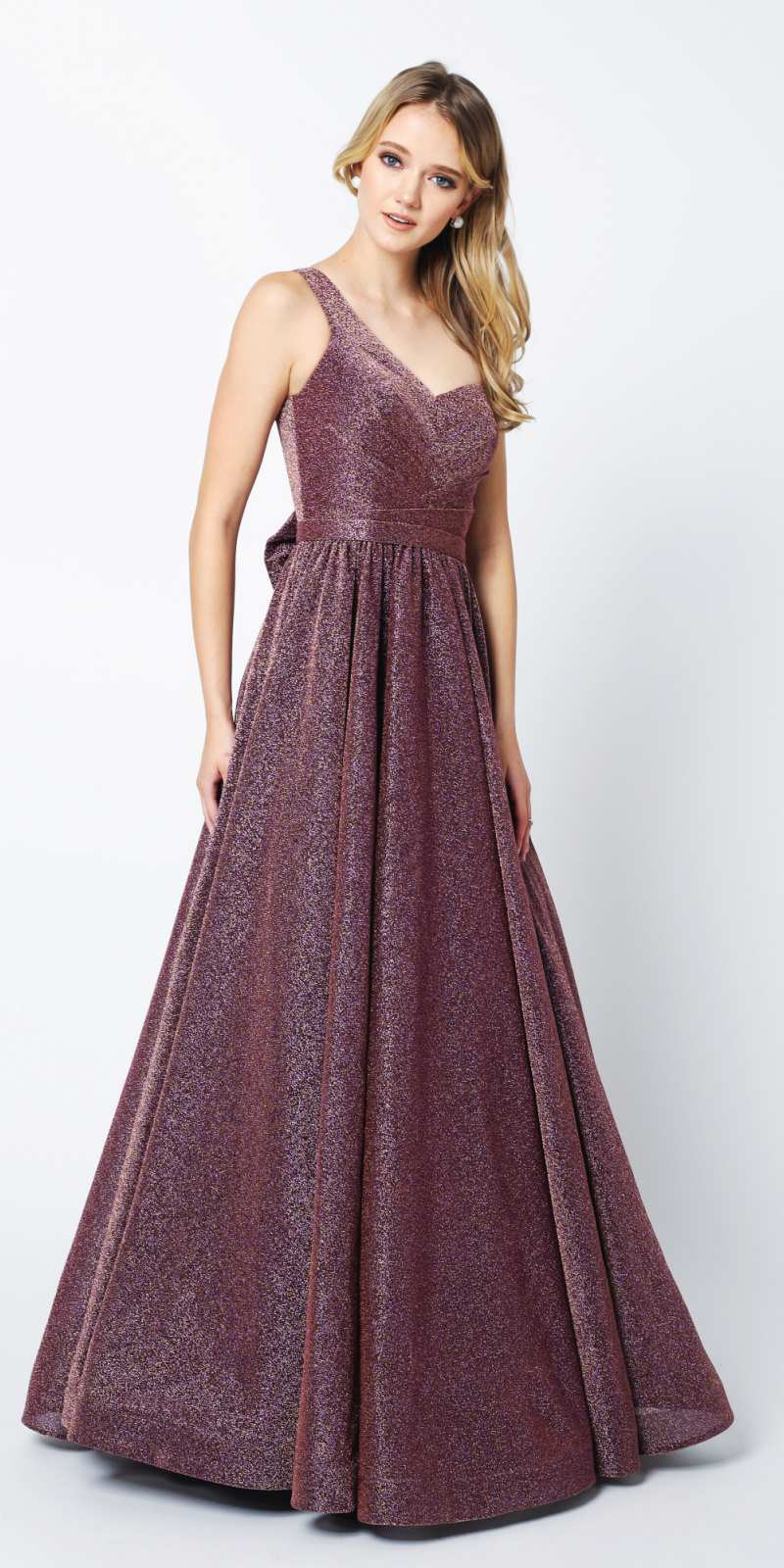 Dark plum one-shoulder glitter gown with gathered waist and long full skirt