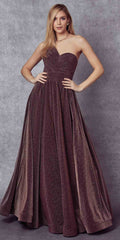 Dark plum one-shoulder glitter gown with gathered waist and long flared skirt