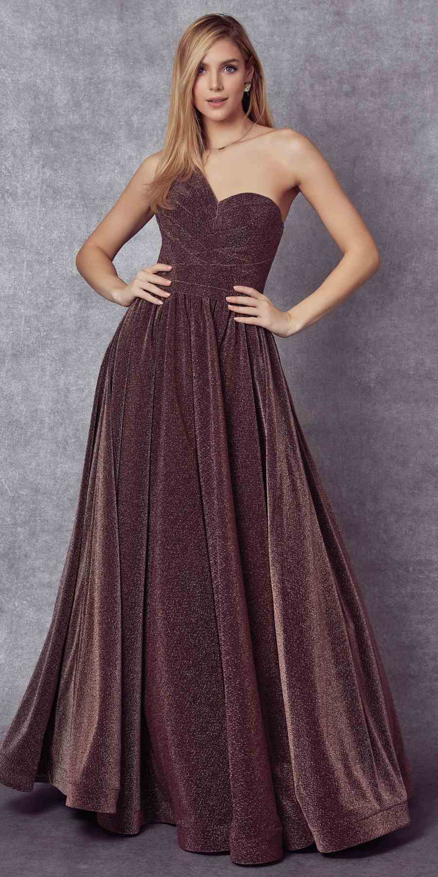 Dark plum one-shoulder glitter gown with gathered waist and long flared skirt