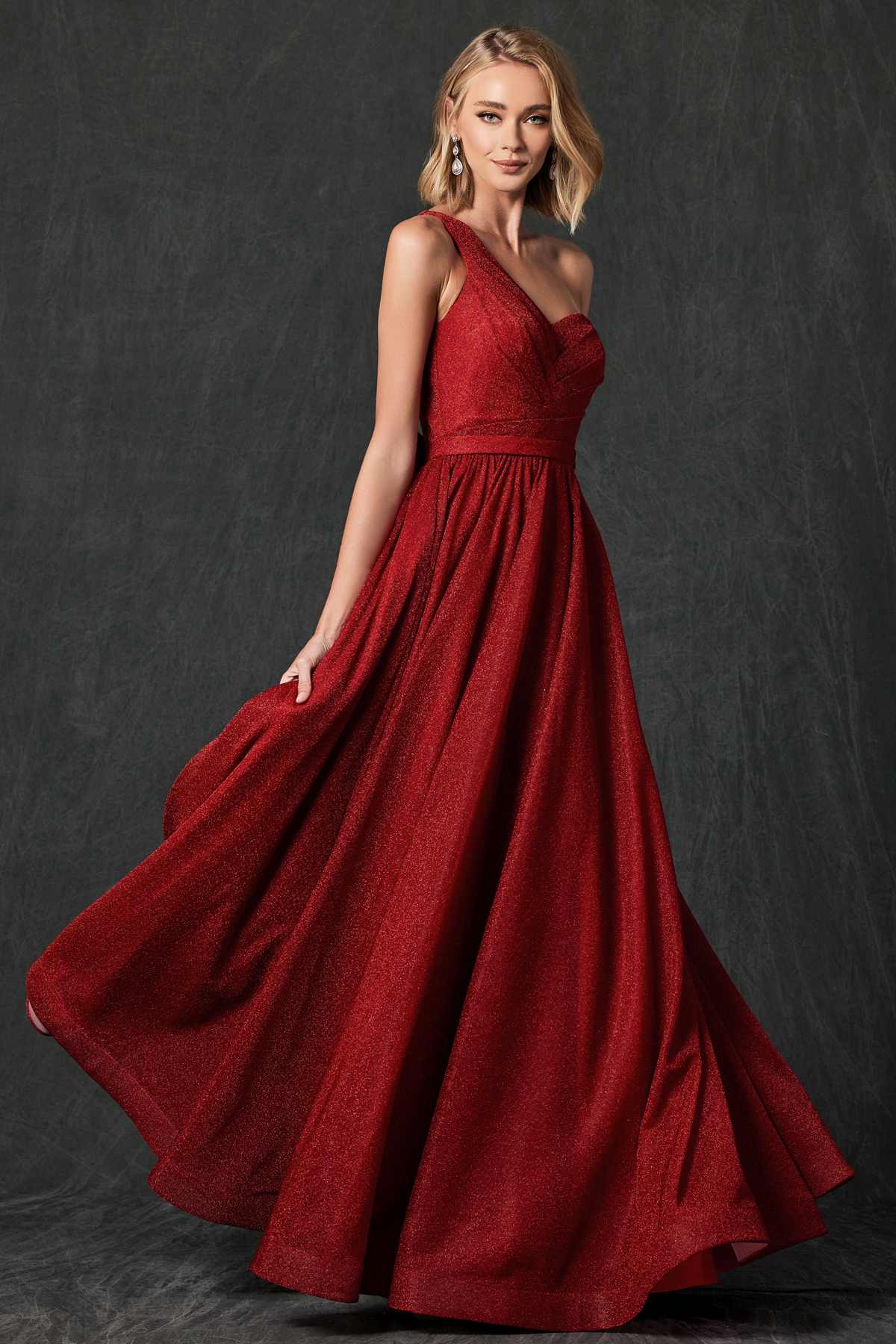 Red one-shoulder glitter gown, sleeveless fitted bodice with gathered skirt