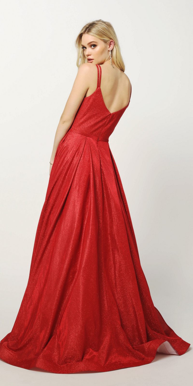 Long A-line glitter gown with side pockets, red, open-back V straps and pleated skirt