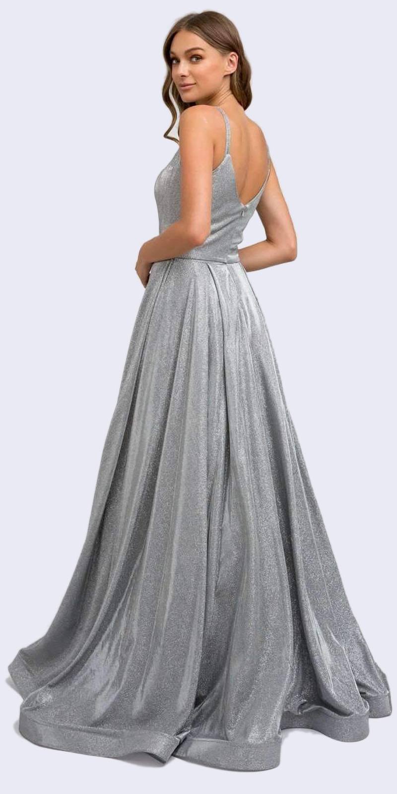 Long A-line glitter gown with side pockets, silver, racer-back straps and flare hem