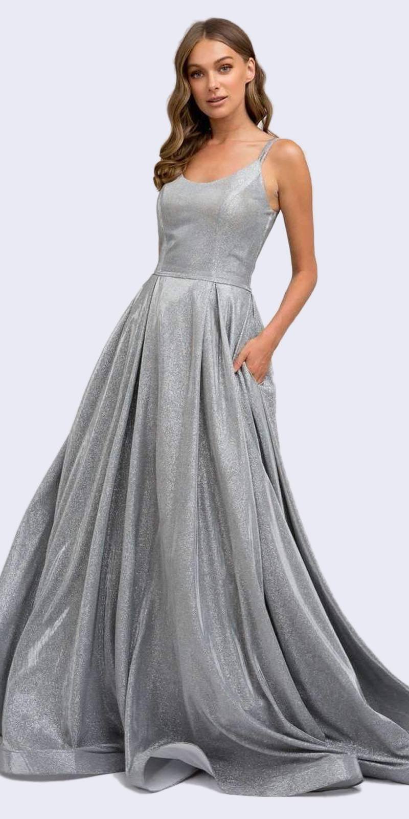 Long A-line glitter gown with side pockets, silver, sleeveless bodice and flare skirt