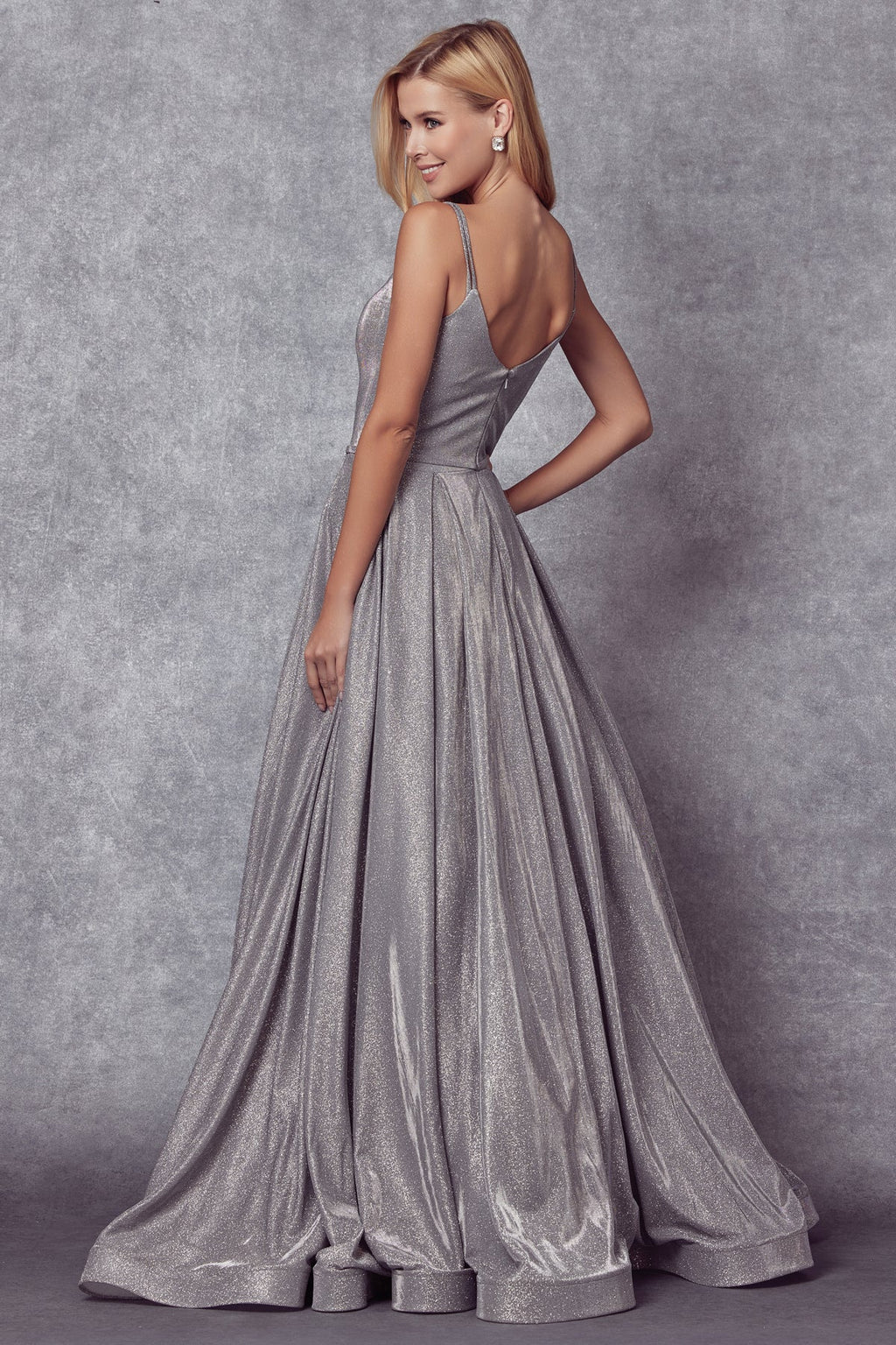 Long A-line glitter gown with side pockets, silver, open back, V straps