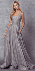 Long A-line glitter gown with side pockets, silver, spaghetti straps, full skirt