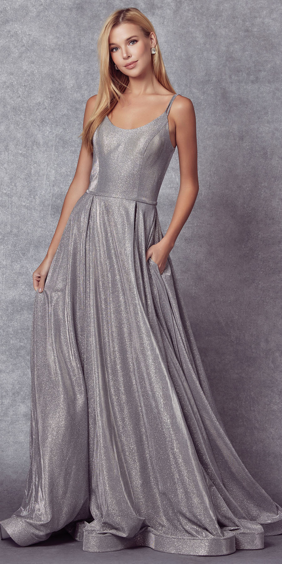 Long A-line glitter gown with side pockets, silver, spaghetti straps, full skirt