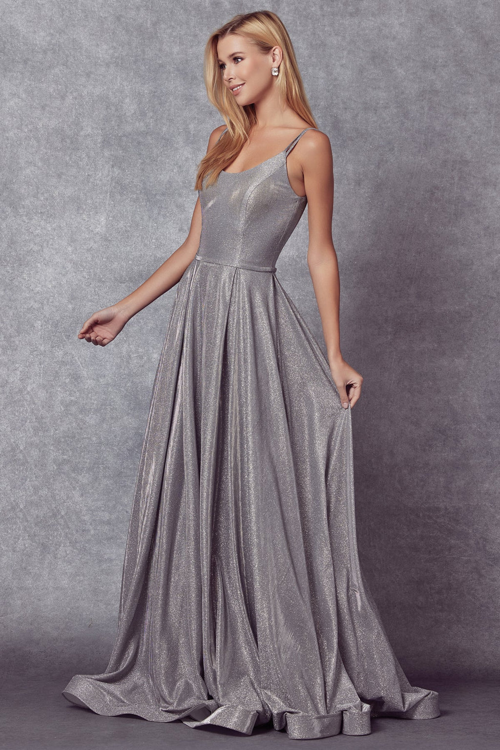 Long A-line glitter gown with side pockets, silver, draped bodice and wide skirt
