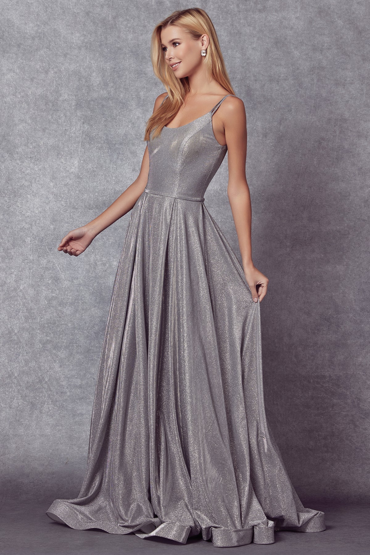 Long A-line glitter gown with side pockets, silver, draped bodice and wide skirt