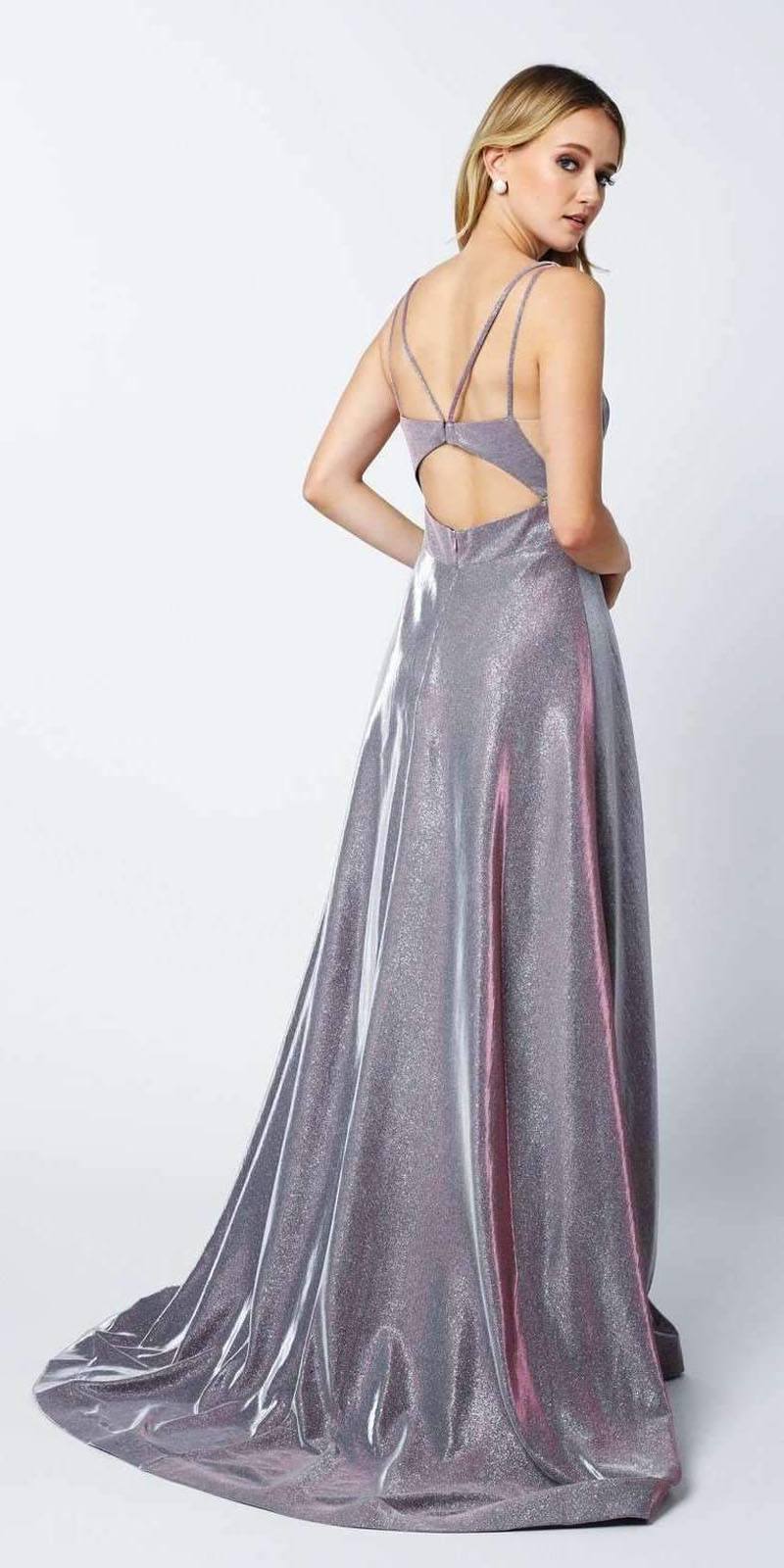 Silver glitter long dress with thin straps and open back