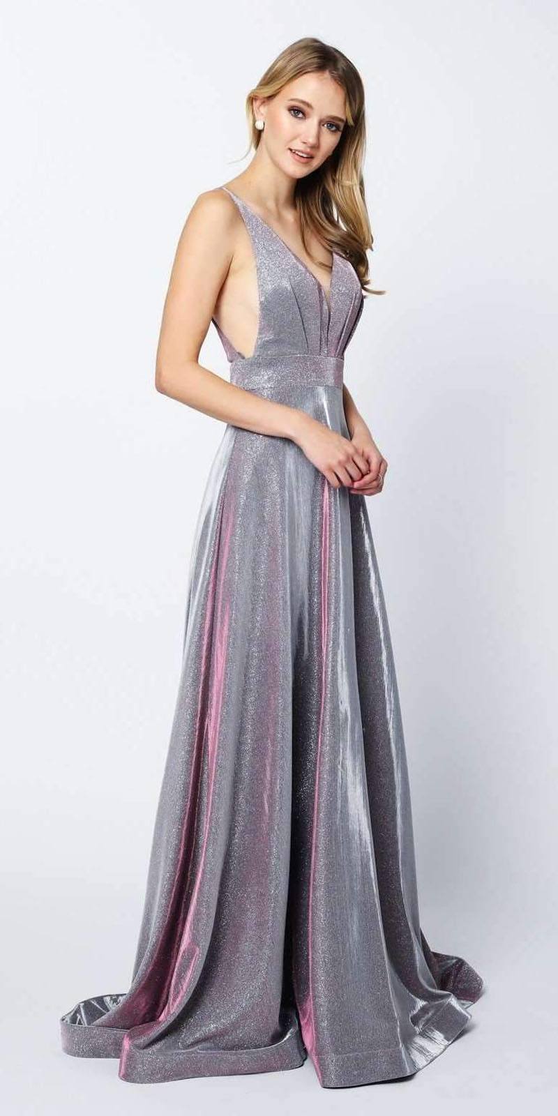 Silver glitter long dress with V neckline and flared skirt