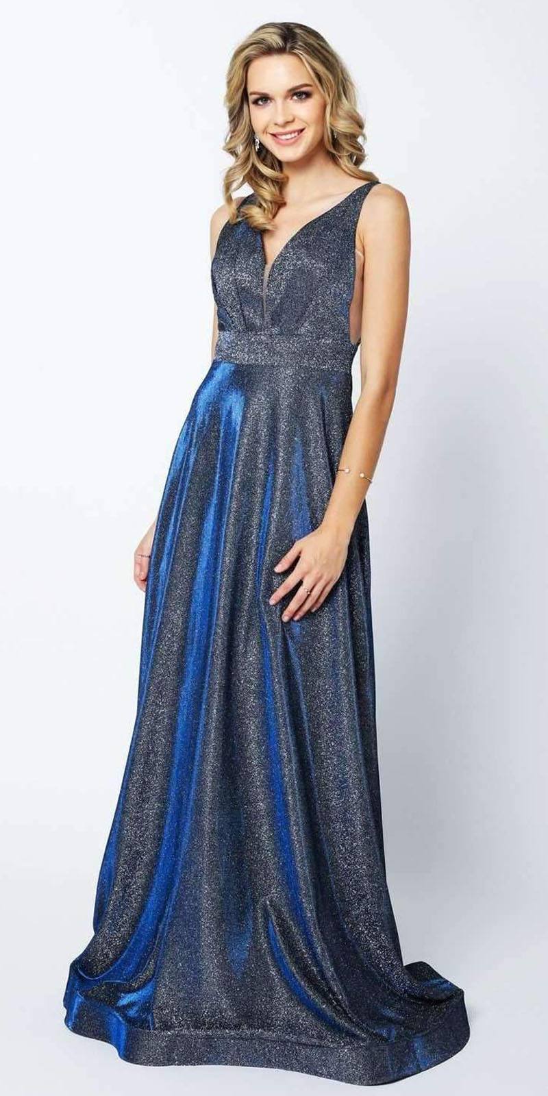Blue-toned glitter long dress with V-neck and fitted waist, flowing maxi skirt