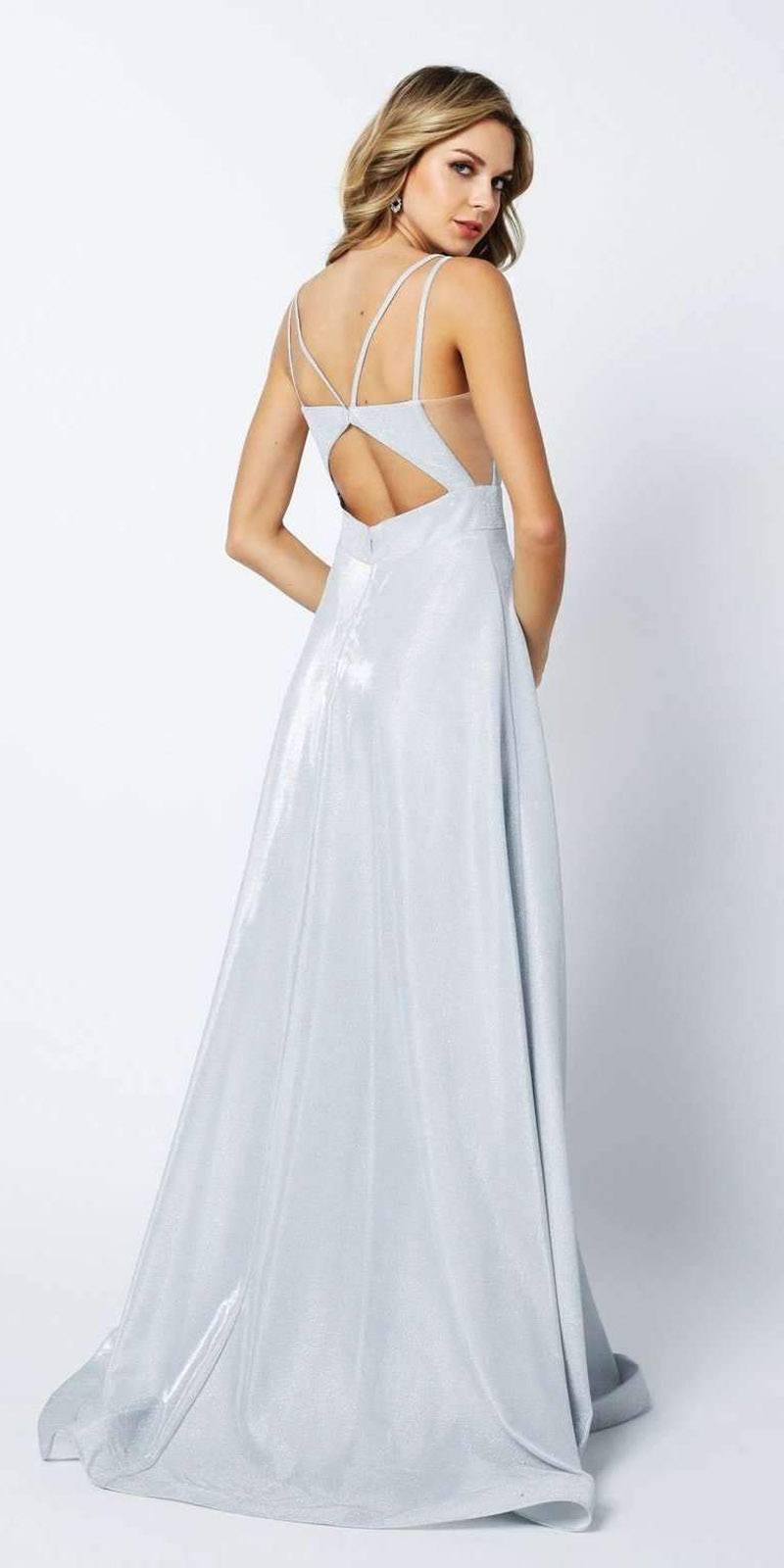 Light silver glitter long dress with thin spaghetti straps and open back