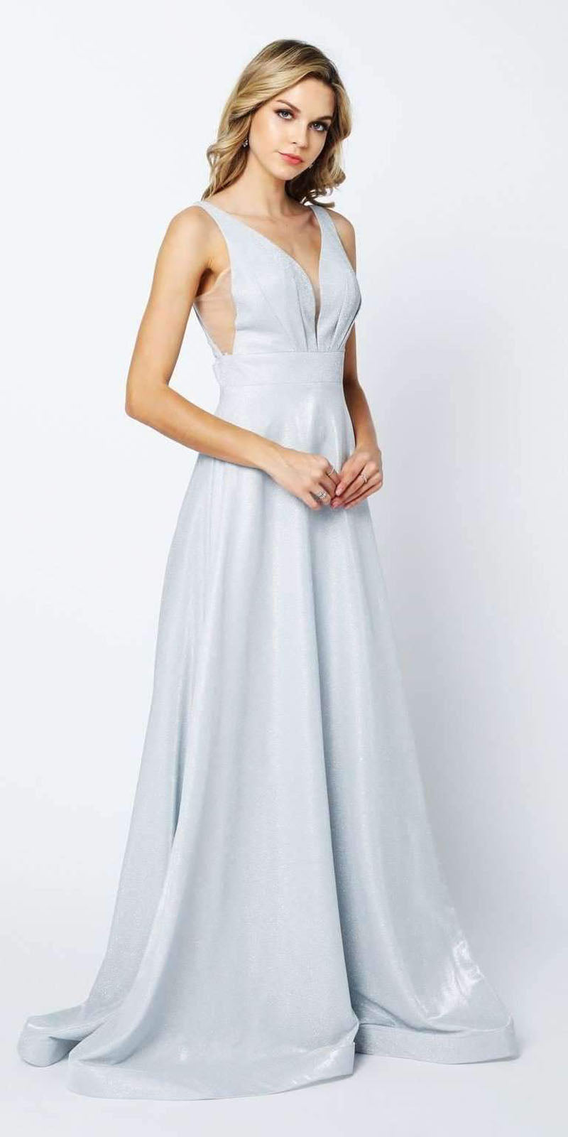 Light silver glitter long dress with V-neck and thin spaghetti straps, maxi length
