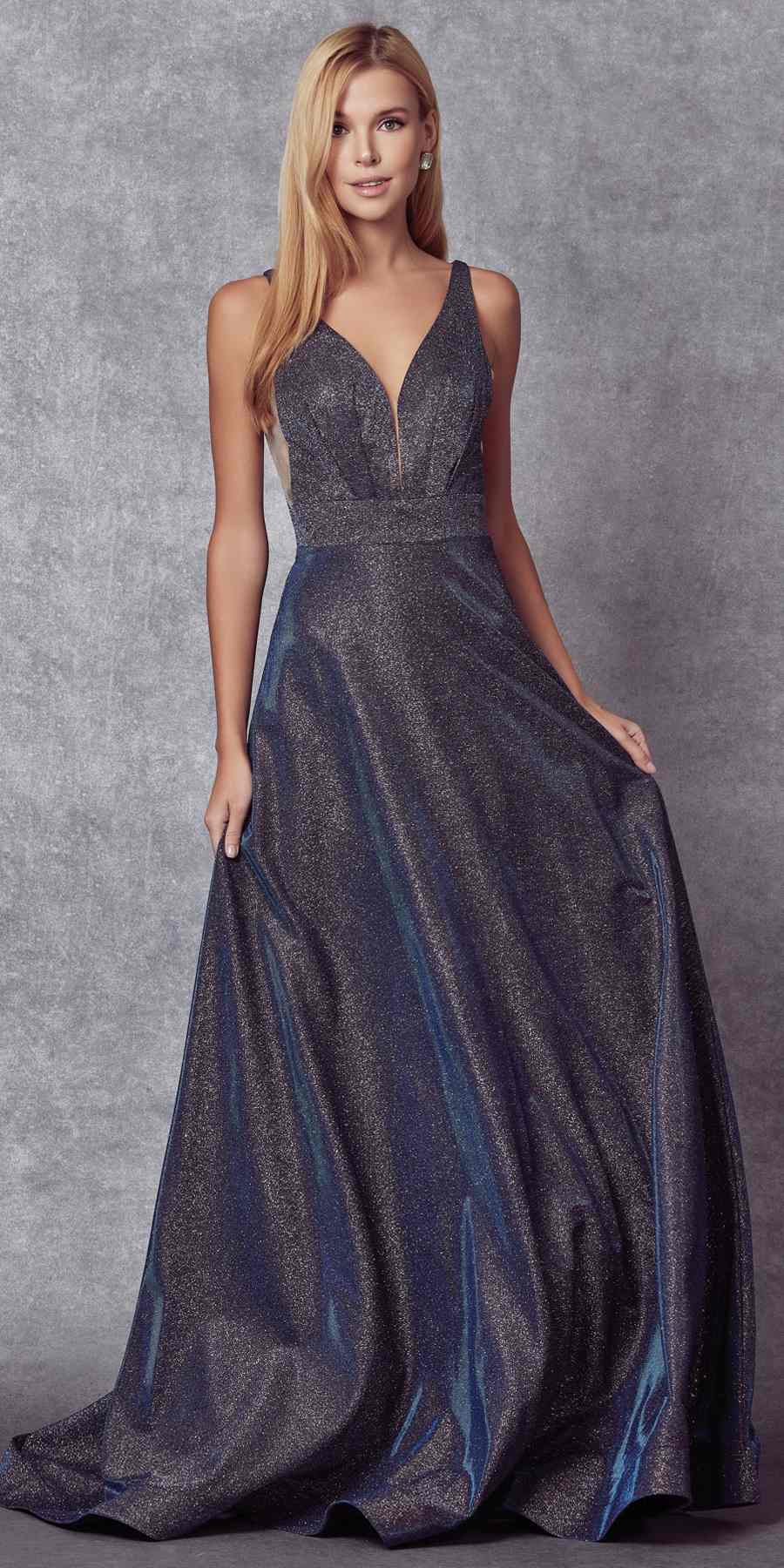 Navy glitter long dress with V-neck and thin spaghetti straps, flowing maxi skirt