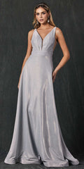 Silver glitter long dress with V-neck and cut-out strappy back, floor-length skirt