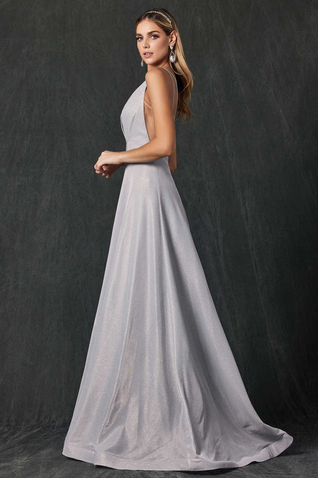 Silver glitter long dress with V-neck front and draped floor-length skirt