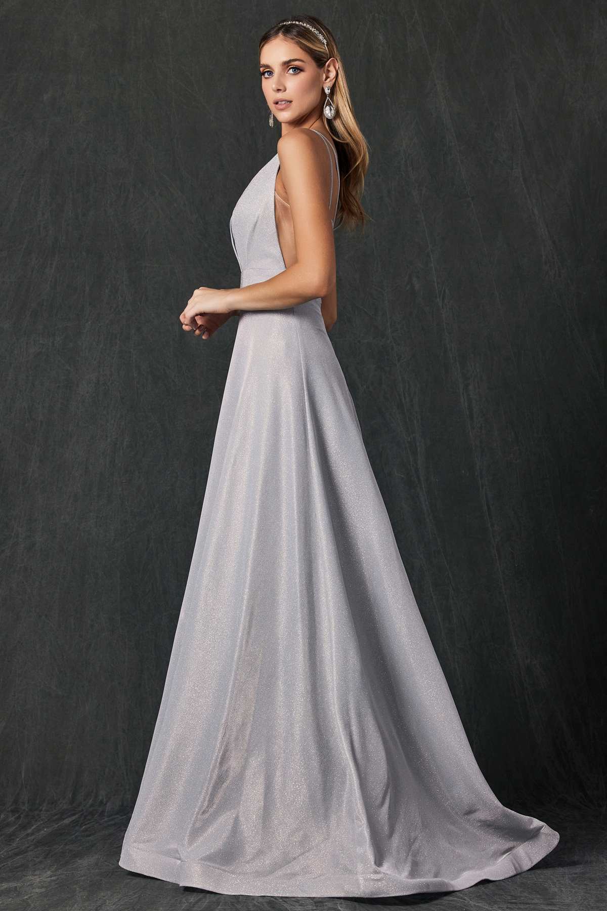 Silver glitter long dress with V-neck front and draped floor-length skirt