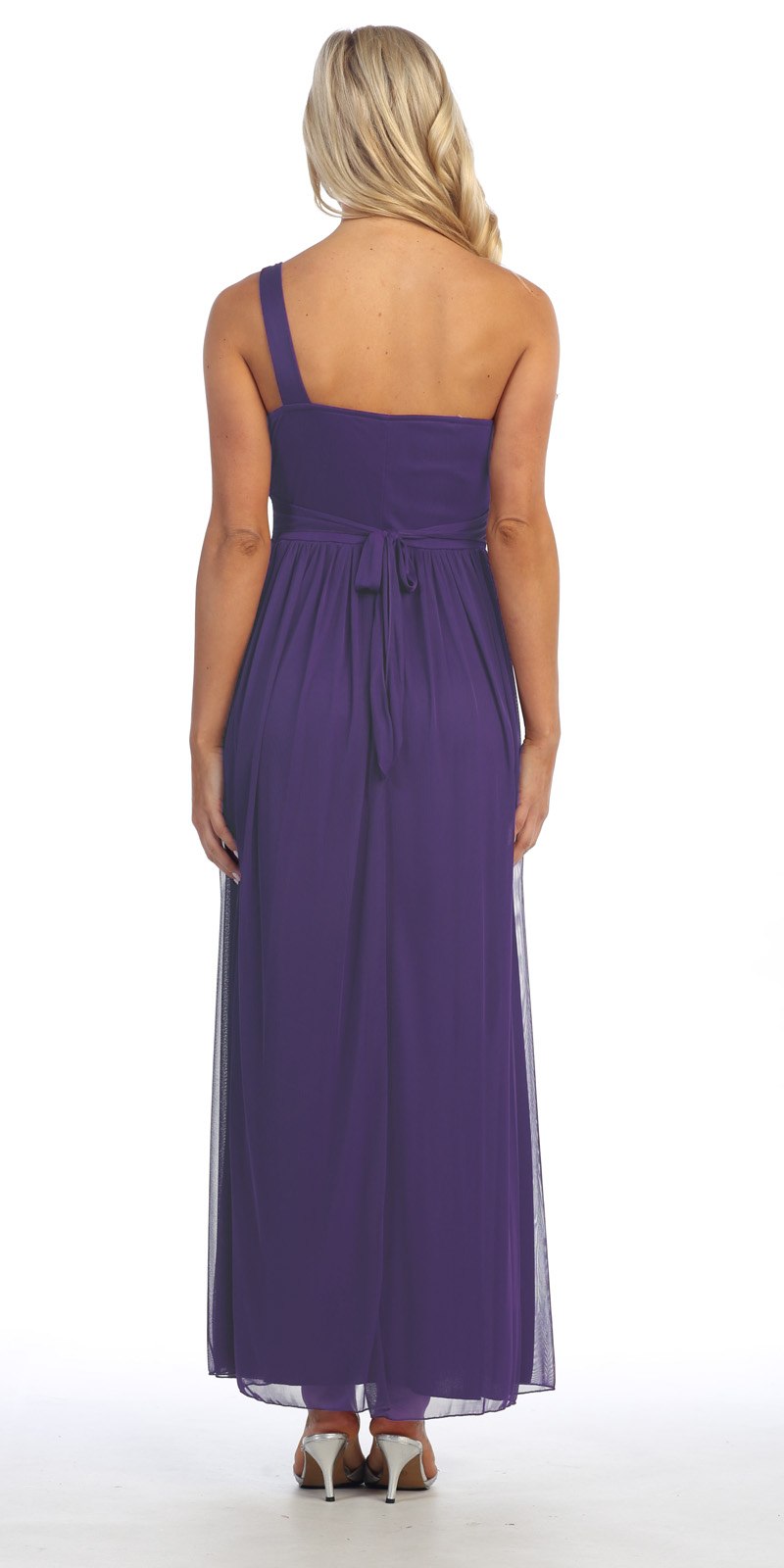 One-shoulder chiffon gown back view, lavender sleeveless style with beaded waist