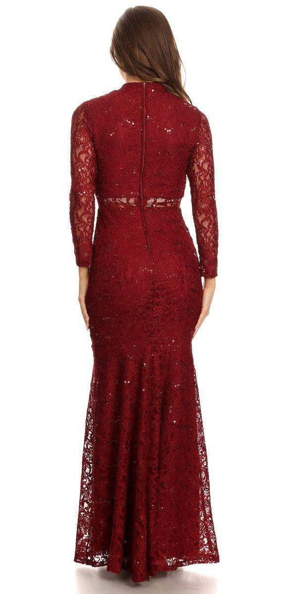 Eureka 2095 burgundy lace dress, long sleeves and high neck; back view, midi