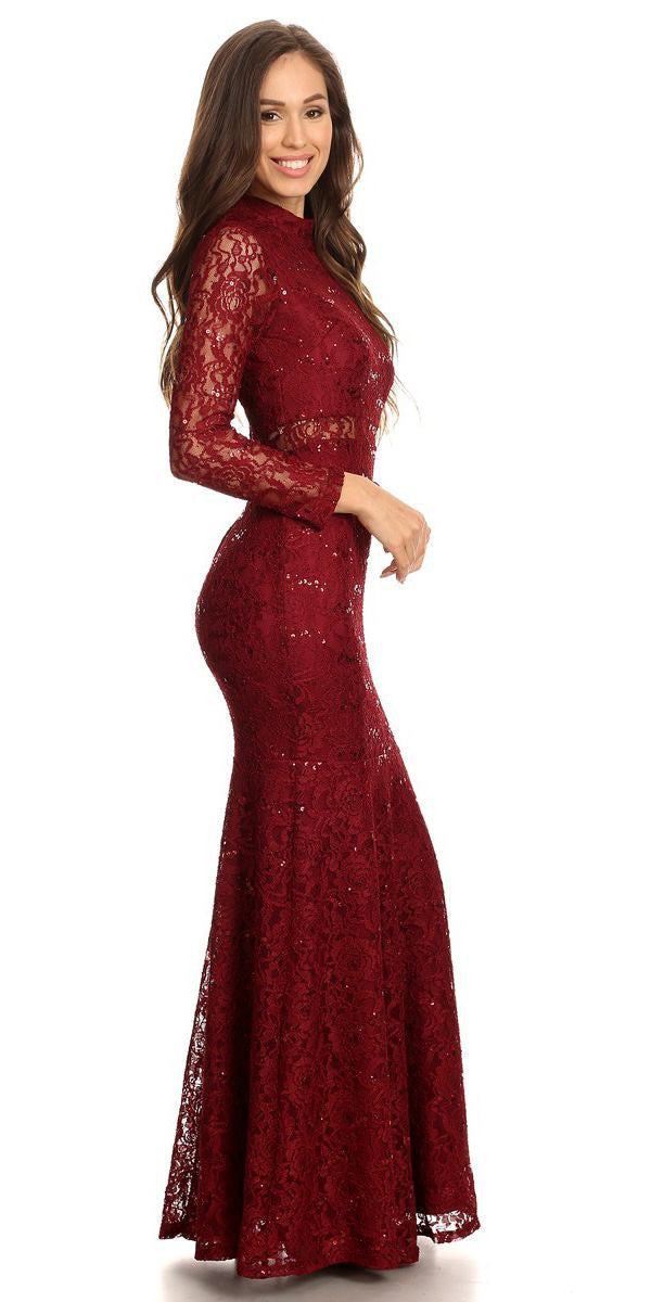 Eureka 2095 burgundy lace dress with high neck, long sleeves, mock two-piece, midi