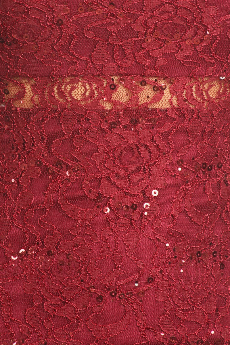 Burgundy lace fabric with embroidered floral pattern and scattered sequins