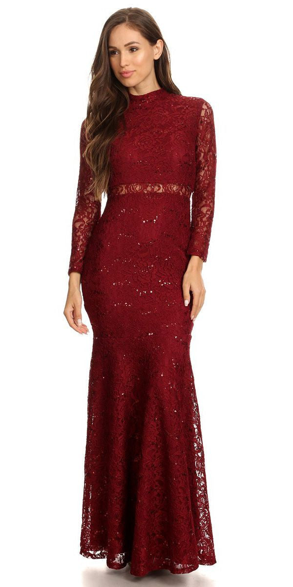 Plum lace long-sleeve dress with high neck and mermaid skirt, shimmering detail