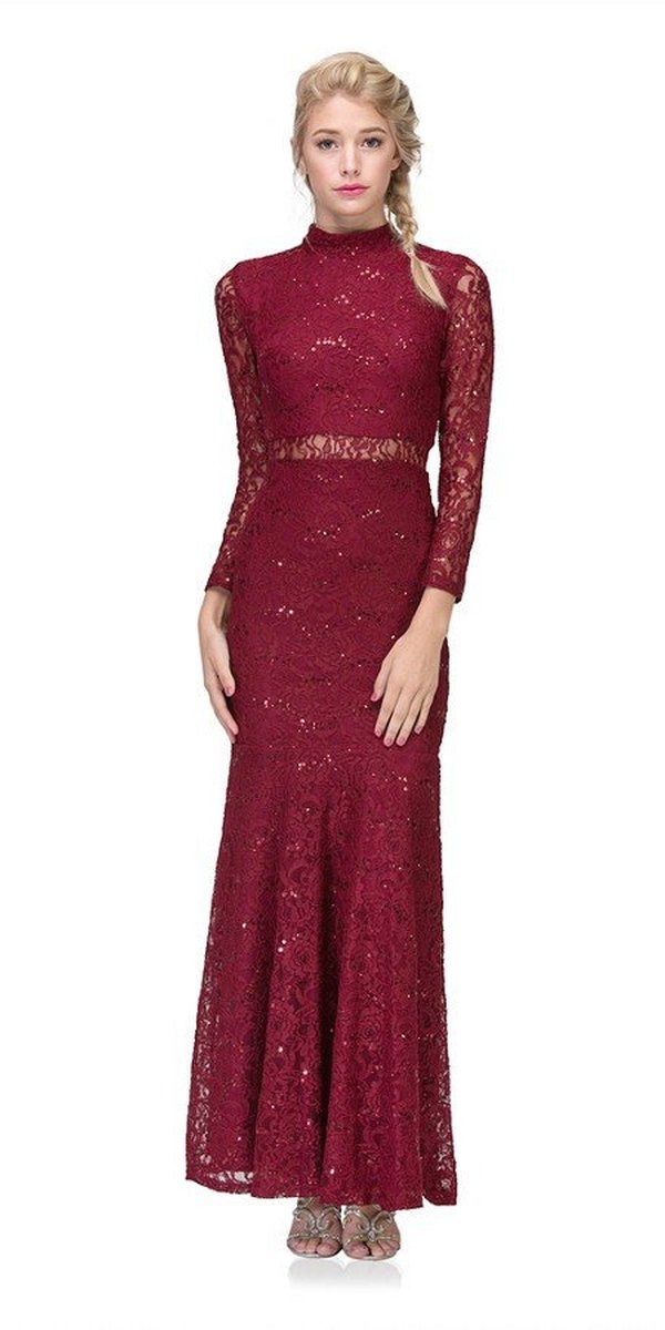 Burgundy lace long-sleeve high-neck dress with fitted bodice and long skirt