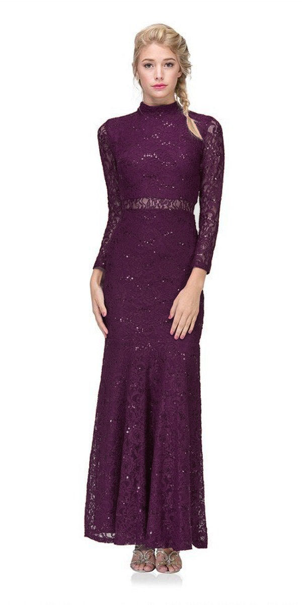 Eureka 2095 burgundy lace dress, mock two-piece high neck, long sleeves, midi
