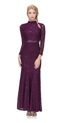 Plum lace long-sleeve dress with high neck and fitted waist, sequined sparkle
