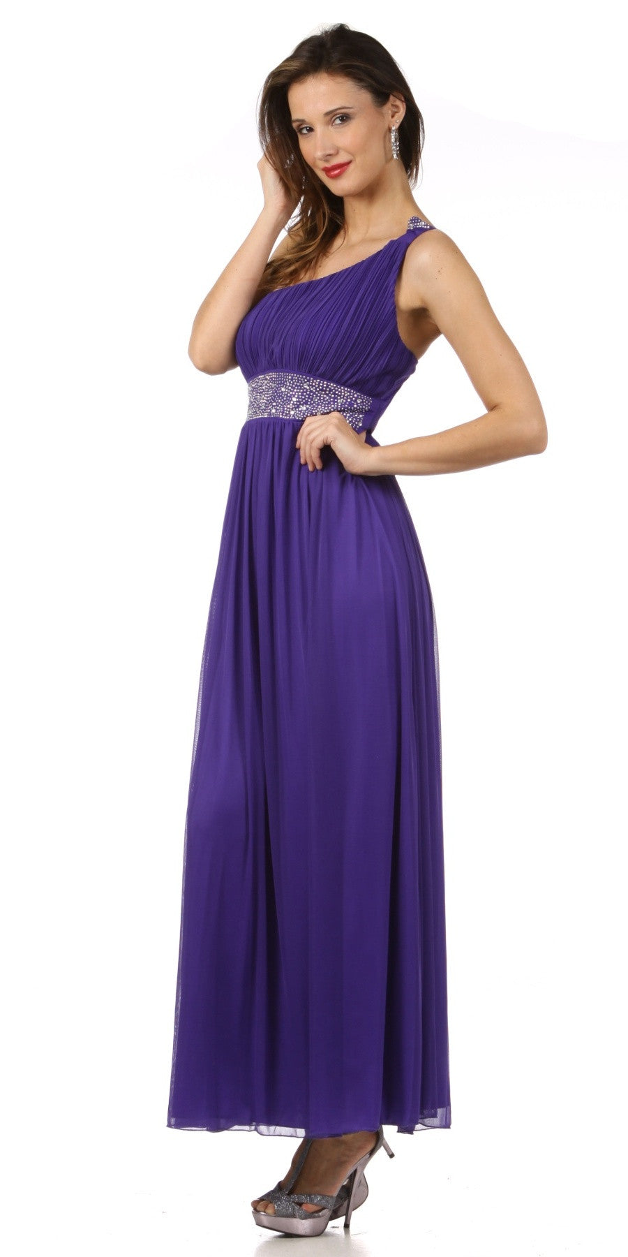 One-shoulder chiffon gown, lavender gathered skirt with rhinestone beaded band