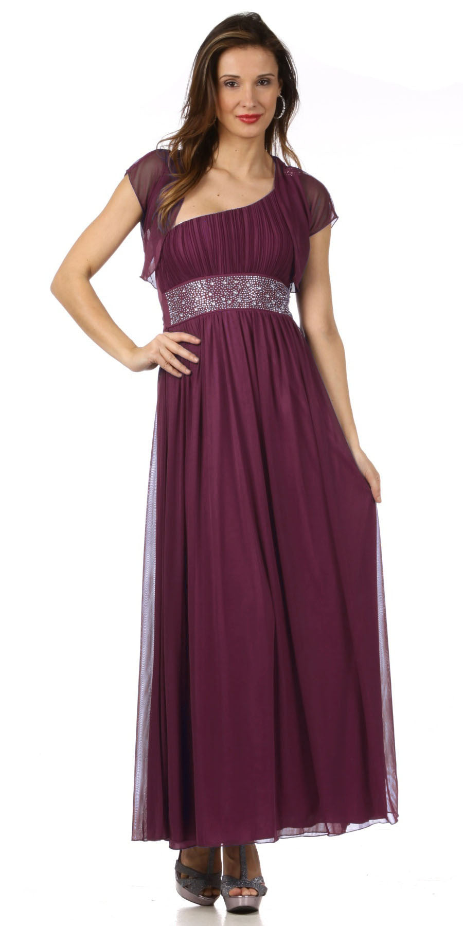 Plum one-shoulder chiffon dress with beaded waist detail and flowing midi length