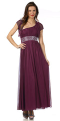 Plum one-shoulder chiffon dress with beaded waist detail and flowing midi length