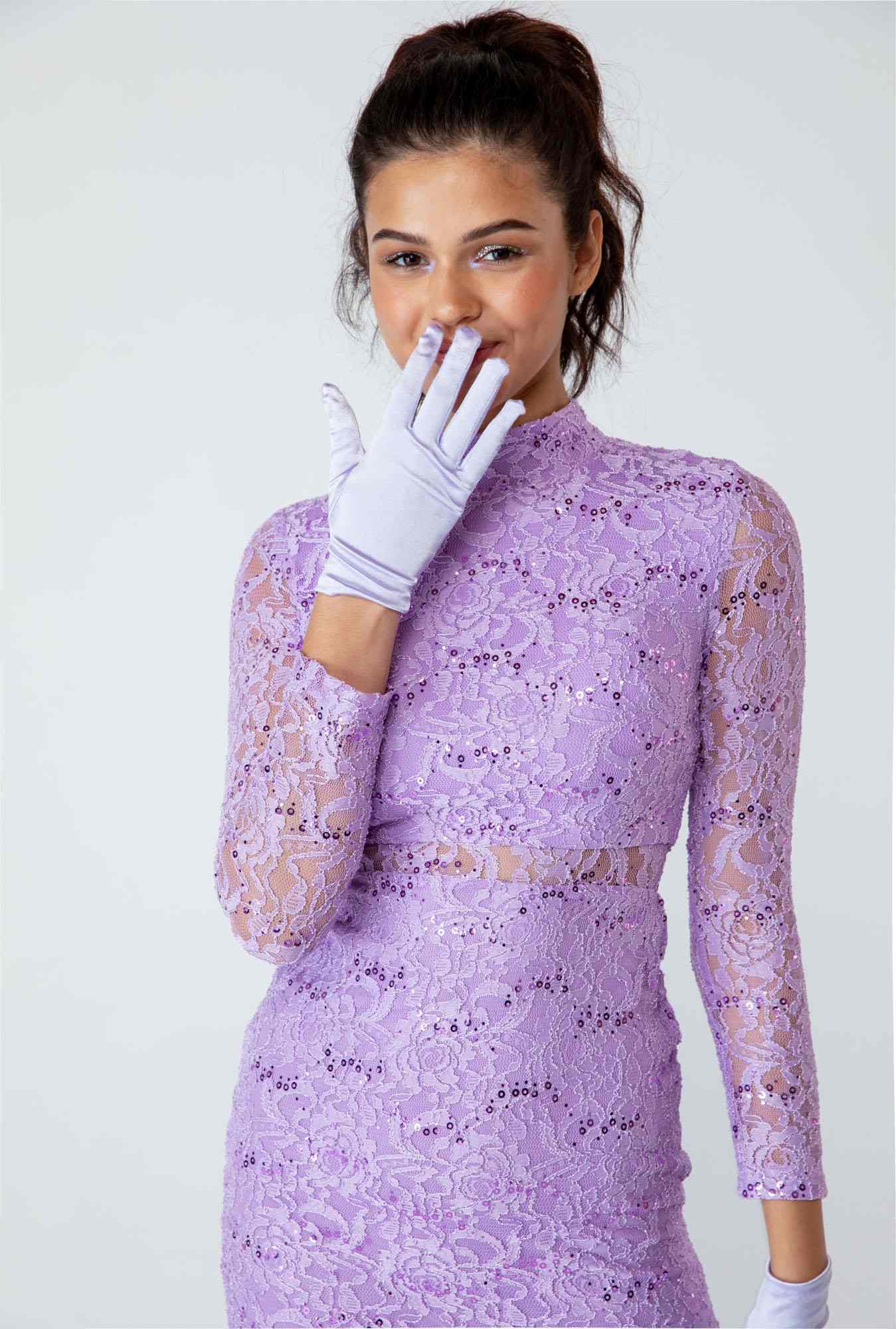 Lavender high-neck lace dress with long sleeves and sheer lace sparkle overlay