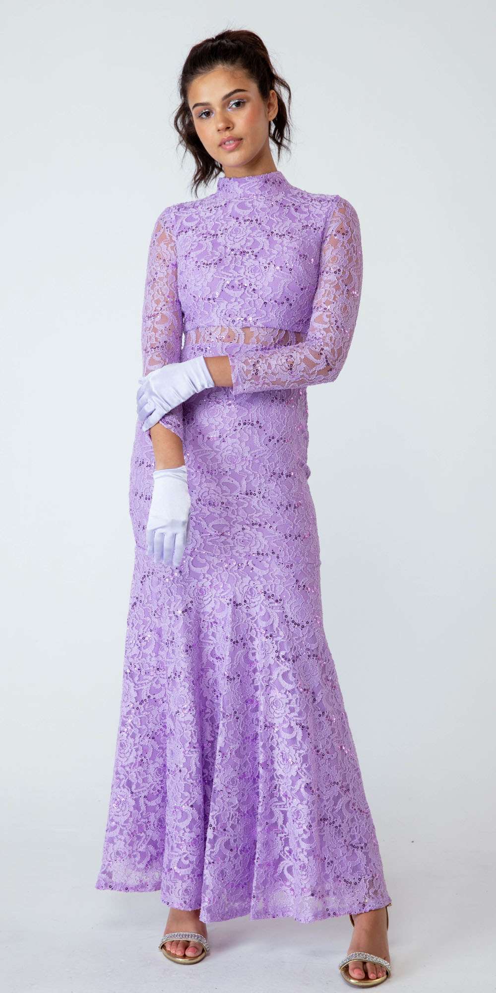 Lavender lace long-sleeve dress with high neck and flared midi skirt