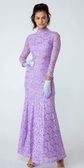 Eureka 2095 lilac lace dress, mock two-piece high neck, long sleeves, midi hem