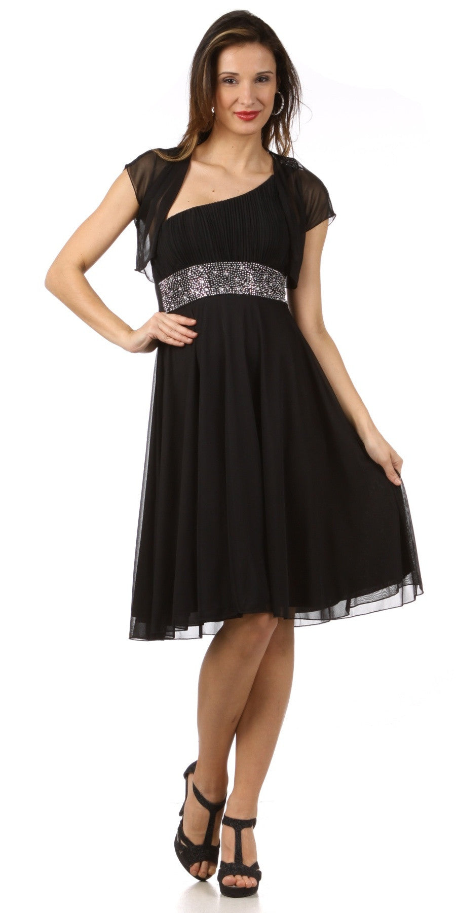 Black one-shoulder knee-length dress with glittery waist band and chiffon skirt