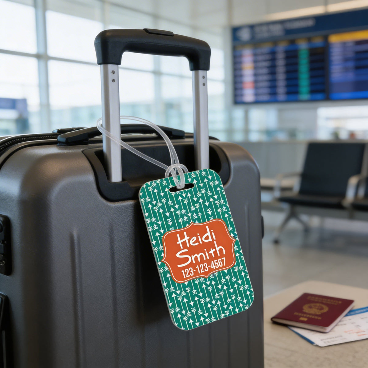 Green patterned bag tag hanging from a rolling suitcase, orange label reads “Heidi Smith”