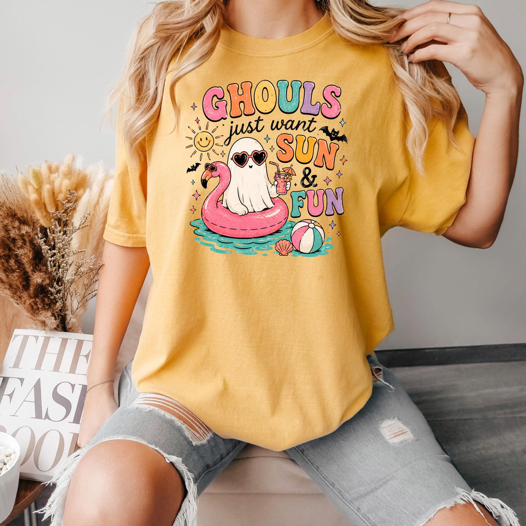 Mustard yellow crew-neck T-shirt with “GHOULS just want SUN & FUN” graphic