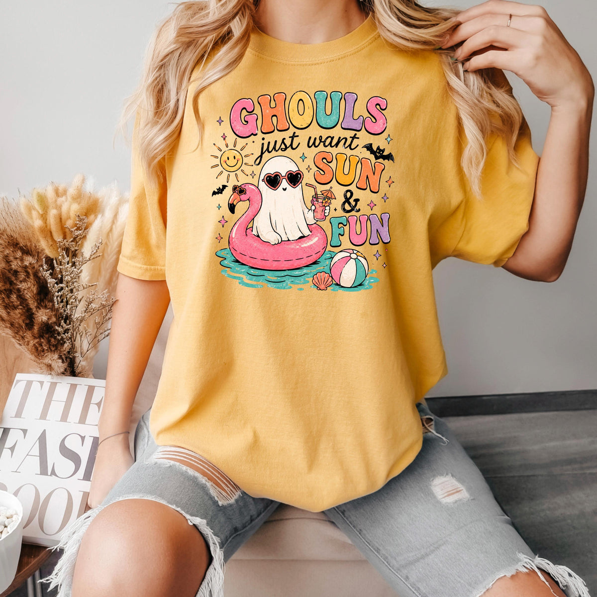 Mustard yellow crew-neck T-shirt with “GHOULS just want SUN & FUN” graphic
