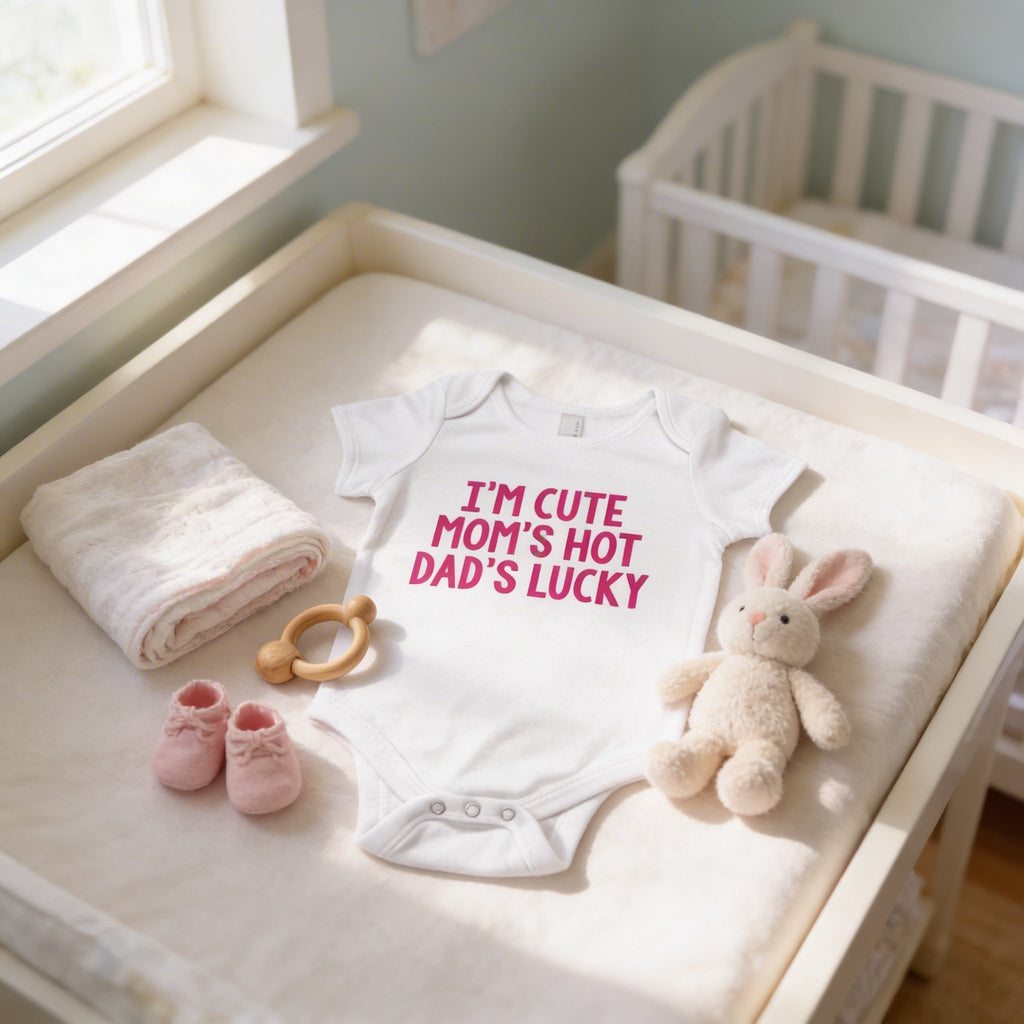 White newborn short-sleeve bodysuit with pink slogan text, styled on a crib blanket